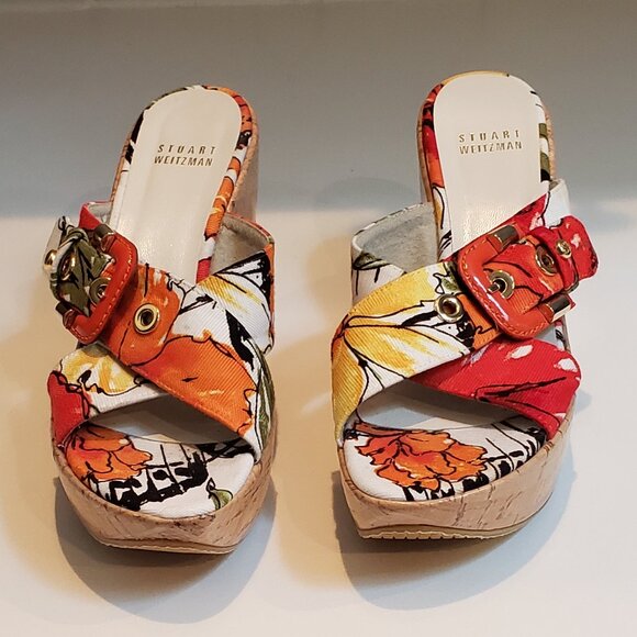 Stuart Weitzman Canvas Floral Print Wedge Sandals Size 6.5 - Picture 5 of 14